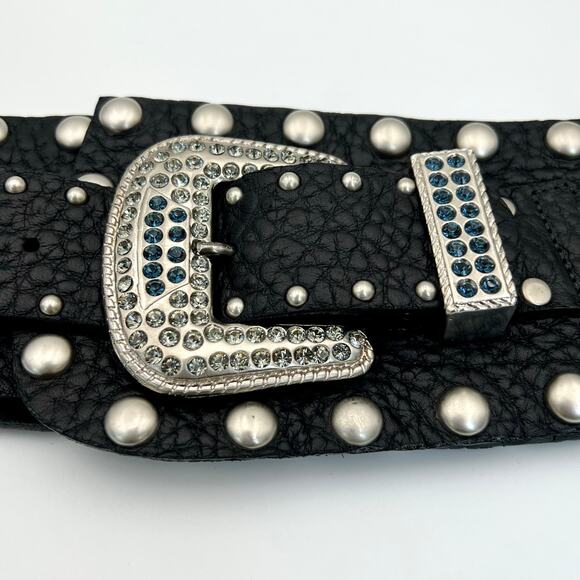 Vintage Leatherock Wide Hip Belt L Black Leather Rhinestone Studded Y2K Rockstar main image 13